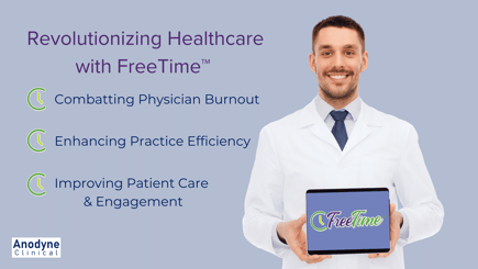 Physician using FreeTime text reads Revolutionizing Healthcare with FreeTime: Combatting Physician Burnout, Enhancing Practice Efficiency, Improving Patient Care & Engagement. Anodyne Clinical.